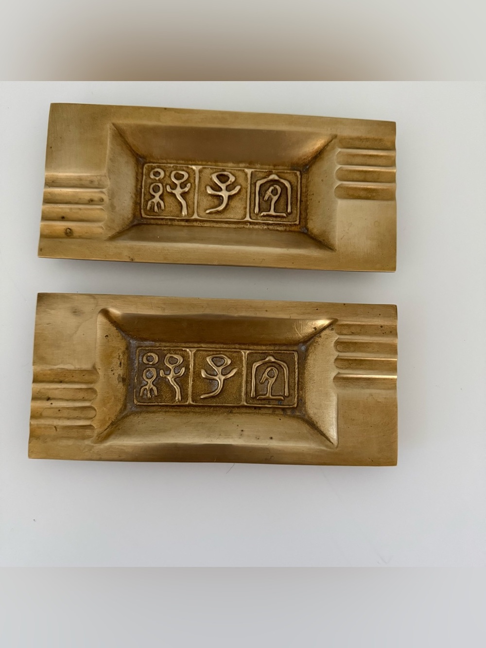 ⁠Vintage Egyptian Brass Hieroglyph Ashtray Trays Mid Century Art Deco Set of 2⁠